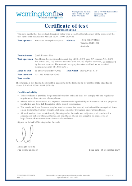 Rockcote Certificate of Test 1530.1 Quick Render Fine