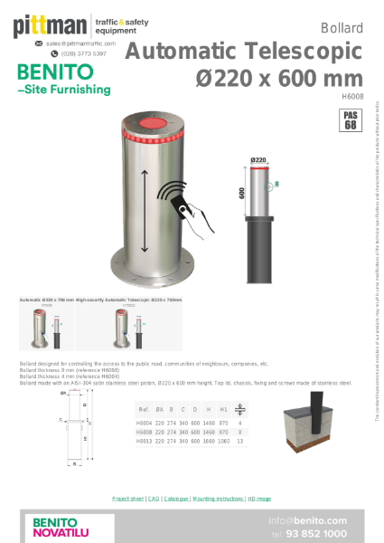 Benito Automatic Bollard 220 Data Sheet