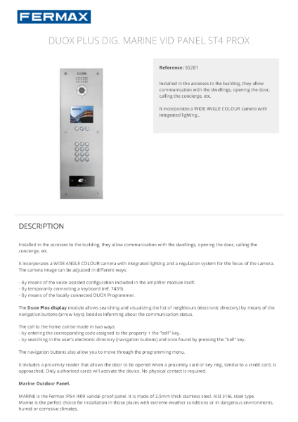 MARINE - Duox 2 Wire - Vandal Resitant Digital Video door entry panel
Data Sheet