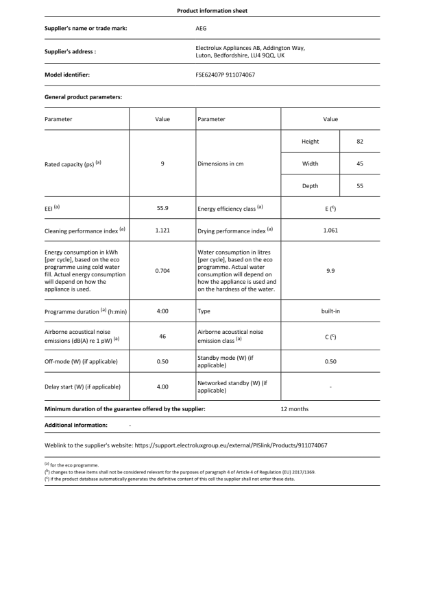 FSE62407P- Product Information Sheet