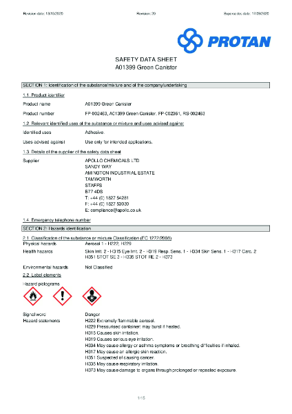 Protan (UK) Ltd Insulation Adhesive Safety Data Sheet, Spray Applied - Sept 2021