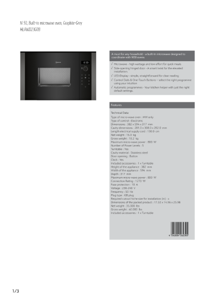 Microwave Ovens Graphite grey trim HLAWD23G0B, Datasheet