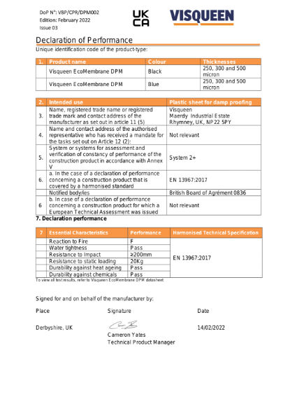 DPM UKCA Visqueen EcoMembrane DPM  Declaration of Performance