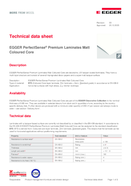 Technical Datasheet - PerfectSense® Premium Laminate Matt with Coloured Core