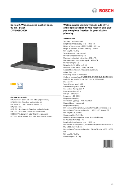 Series 2, Wall-mounted cooker hood, 90 cm, Black DWB96BC60B