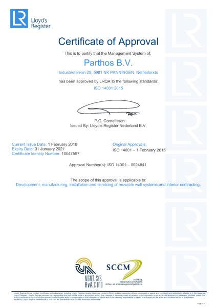 Parthos factory ISO 14001 Certificate