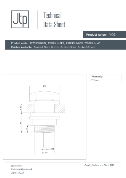 VOS Basin Waste Universal Slotted and Unslotted – Product Data Sheet