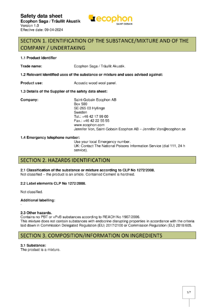 Ecophon Saga Safety Data Sheet - 2024