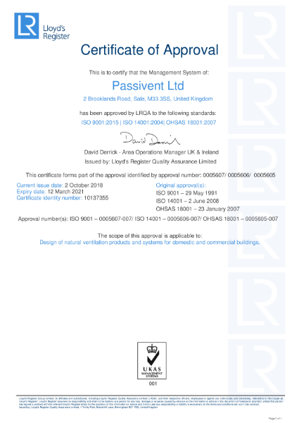 Passivent ISO 9001 14001 OHSAS 18001 Certificate