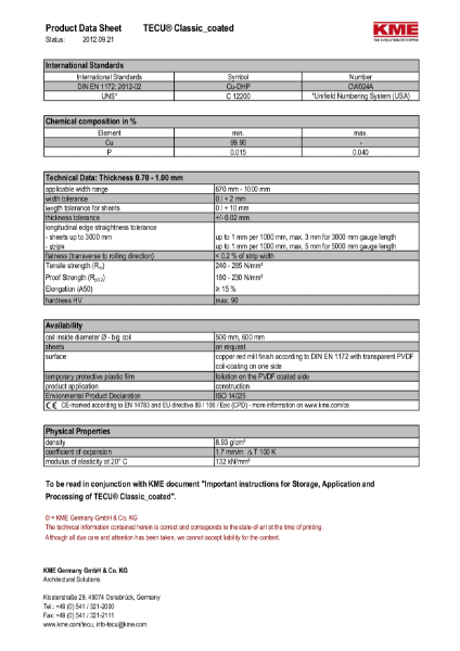 KME TECU Classic Copper Datasheet