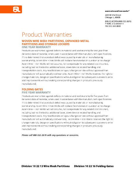 Acorn Wire Product Warranties