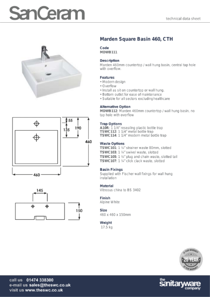 Marden Square 460mm Basin CTH - MDWB111