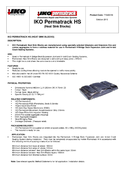 Technical Data Sheet (TDS) - IKO Permatrack HS Heat Sink Blocks