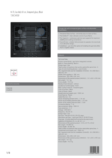 Gas hob, 60 cm, Tempered glass, Black T26CS49S0, Datasheet