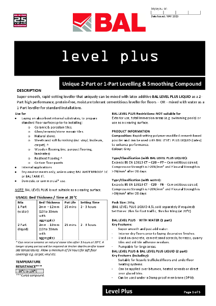 BAL Level Plus - Technical Data Sheet