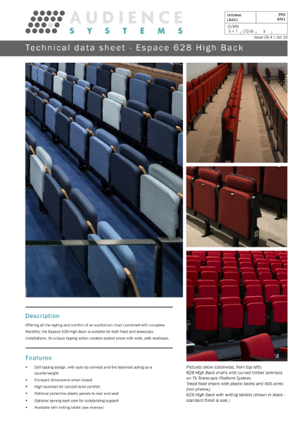 Espace 628 High Back chair: Suitable for retractable, removable, auditorium and theatre seating
