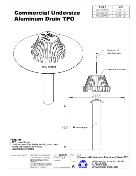 TECHNICAL DRAWING - COMMERCIAL UNDERSIZE ALUMINUM DRAIN - TPO