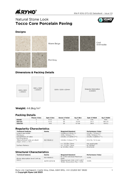 Tocco Core Porcelain Tiles Data Sheet