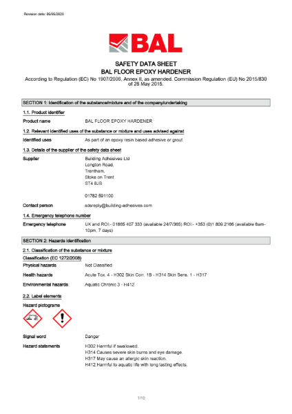 BAL Floor Epoxy (Hardener) - Material Safety Datasheet
