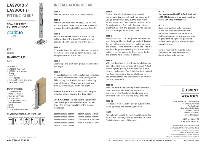 LAS9010 Flush bolt + drop seal kit 1 fitting instruction