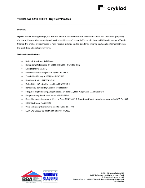 DryKlad Profiles Datasheet