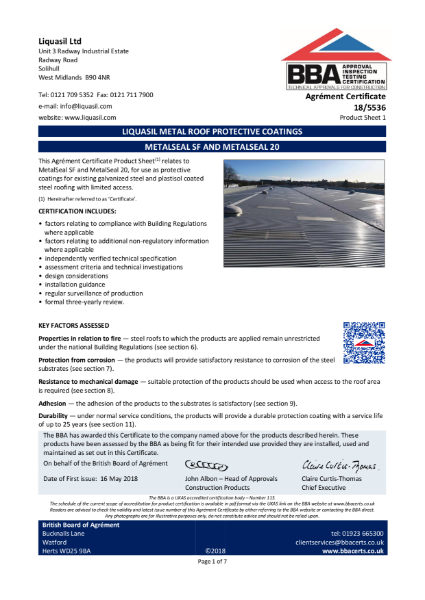 FlexLap, Liquasil Metal Roof Protective Coatings, Product Sheet 2 - Certificate: 18/5536