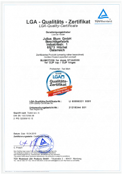 CLIP top BLUMOTION for doors 973A0500 LGA-Certificate