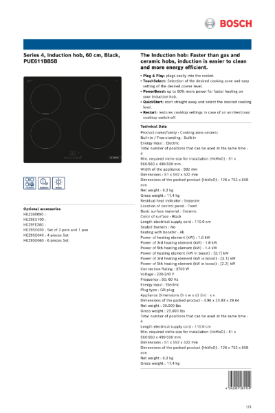 Series 4, Induction hob, 60 cm, Black, PUE611BB5B