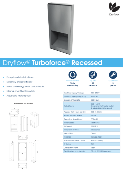 Hand Dryer Spec Sheet - Dryflow Turboforce Recessed Hand Dryer