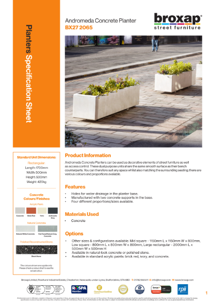 Andromeda Concrete Planter Specification Sheet