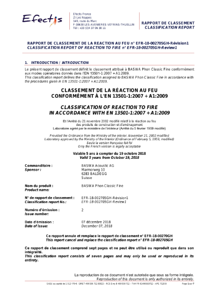 Classification of reaction to fire - BASWA Phon Classic Fine 