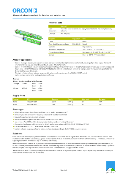 Pro Clima Orcon F Technical Datasheet
