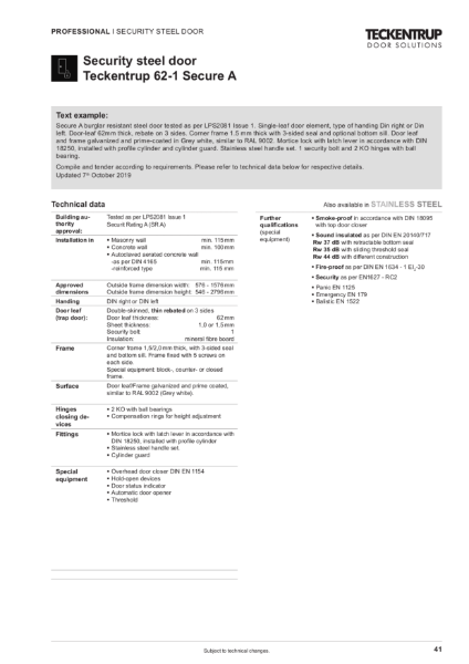 Security Steel Door LPS 2081 Issue 1 A (SR A) 62-1 Secure A (Technical Data)