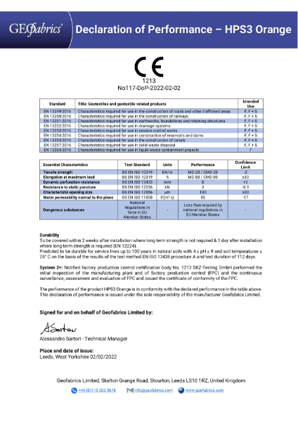 Declaration of Performance – HPS3 ORANGE- CE