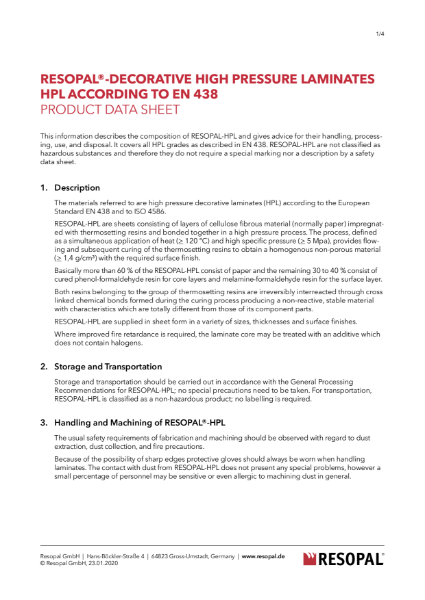 Resopal - HPL Product Data Sheet