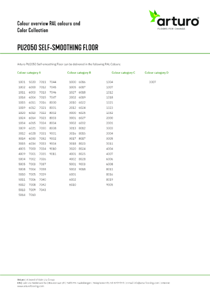 Arturo Performance Resin Floor UV colour chart