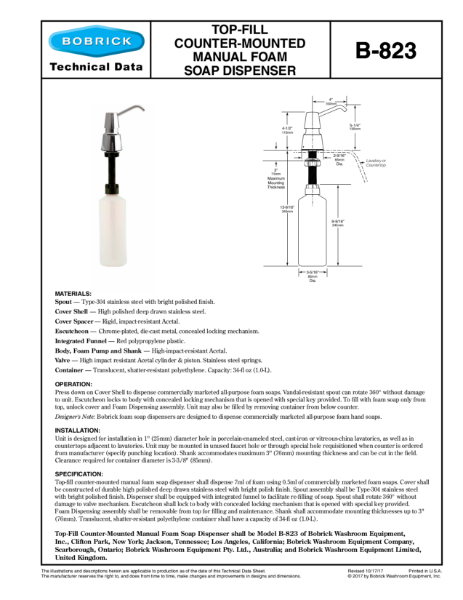 Top-Fill Counter-Mounted Manual Foam Soap Dispenser - B-823