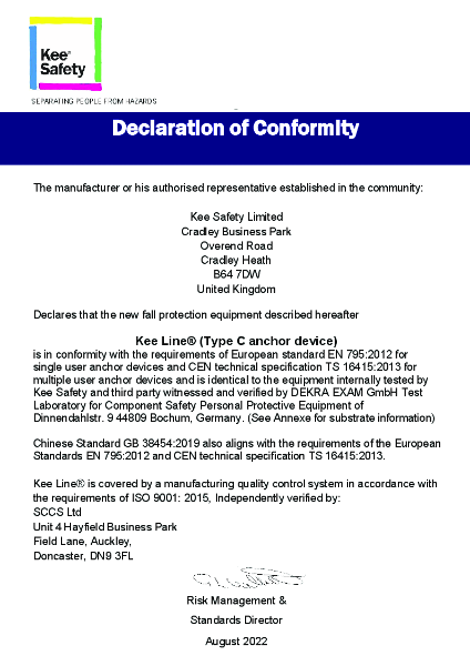Kee Line® Type C Anchor Device - Declaration of Conformity (EN and China)