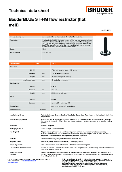 BauderBLUE ST-HM flow restrictor (hot melt) - Technical Data Sheet