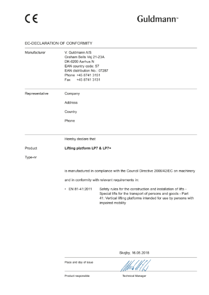 CE Certificate - Stepless LP7 & LP7+ lifting platforms