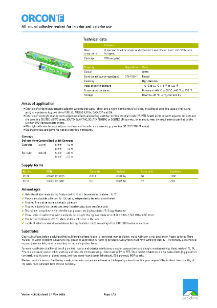 Pro Clima Orcon F Technical Datasheet