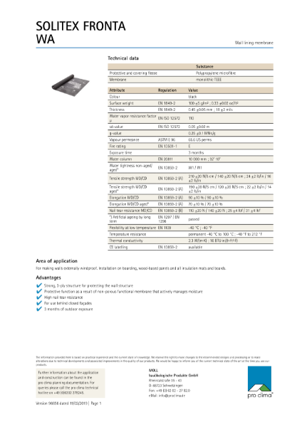 Pro Clima Solitex Fronta WA Technical Datasheet