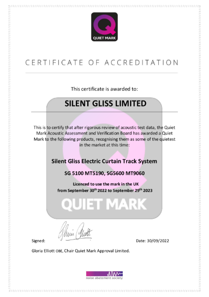 Silent Gliss Electric Curtain Track Quiet Mark Certificate 2022