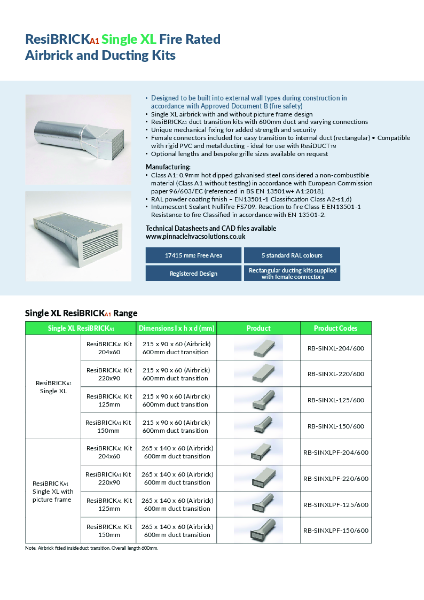 ResiBRICKA1 Single XL Fire Rated Airbrick and Ducting Kits Page