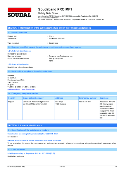 Safety Data Sheet - Soudaband Pro MF1