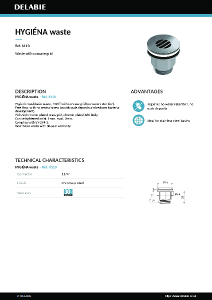 HYGIÉNA basin waste 6110 data sheet