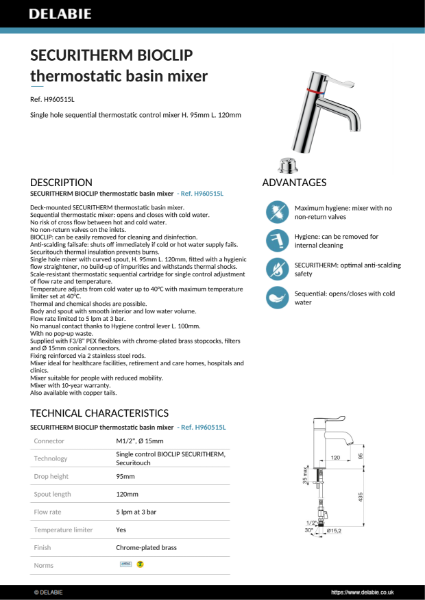 SECURITHERM BIOCLIP thermostatic basin mixer, short lever Data Sheet - H960515L
