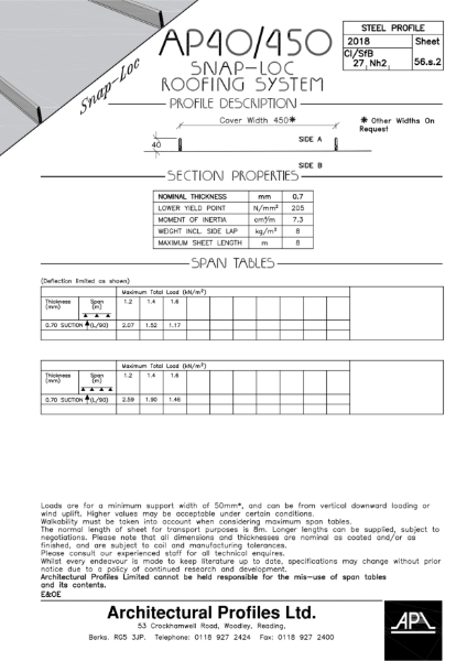 AP SnapLoc™ 40/450 -  Steel - Roofing & Cladding Data Sheet