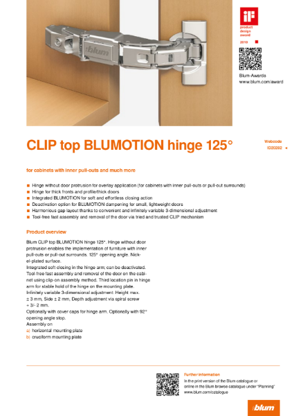 CLIP top BLUMOTION 125 Degree Hinge Specification Text