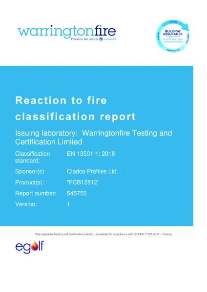 Reaction to Fire Classification Report - Fibre Cement Board 